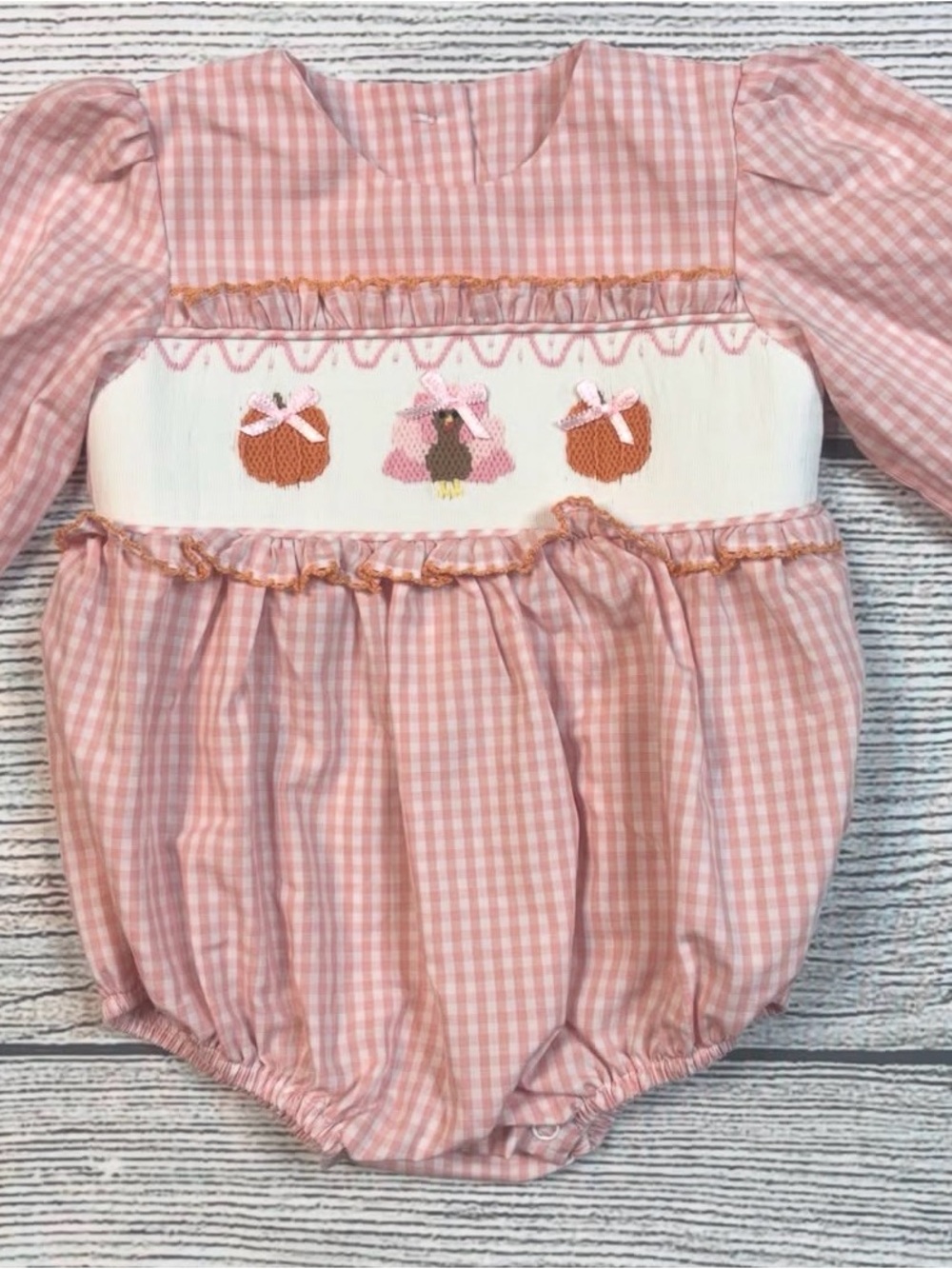 Pink Gingham Smocked Baby Bubble Romper with Embroidery